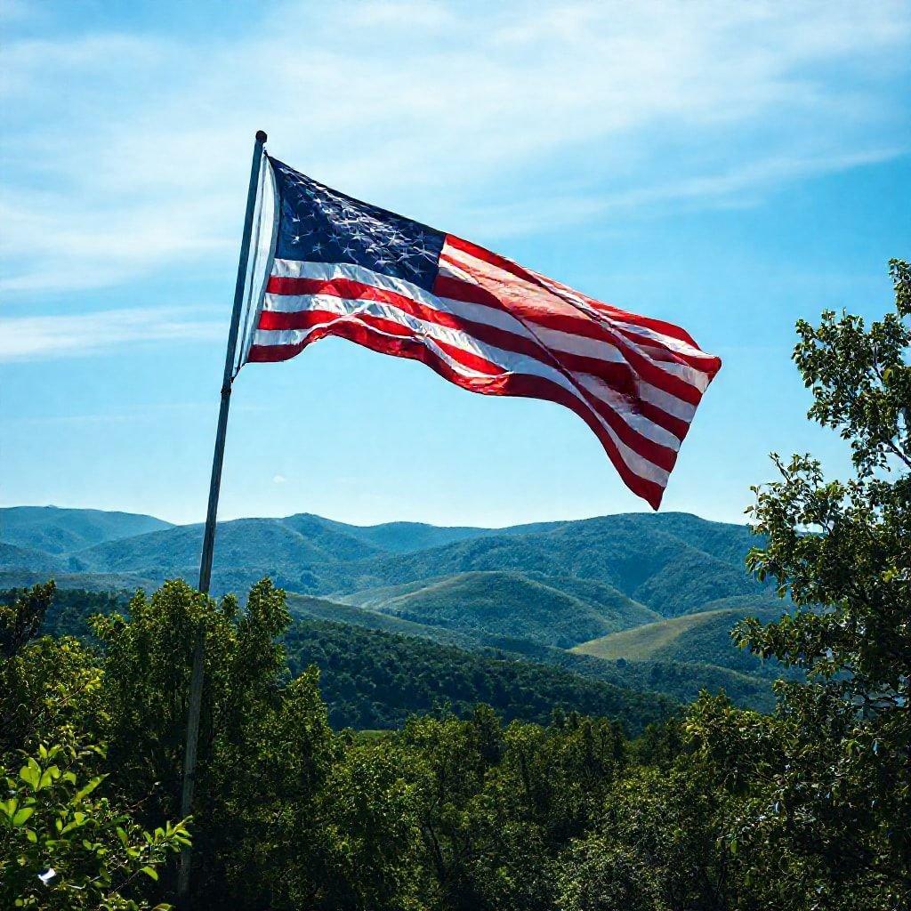 Celebrate the red, white, and blue spirit of America's Independence Day. The stars and stripes flying high against a clear sky over majestic mountains.