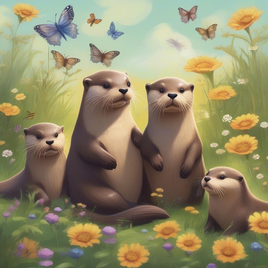 A whimsical scene with two adult otters and their young, surrounded by a field of colorful flowers.