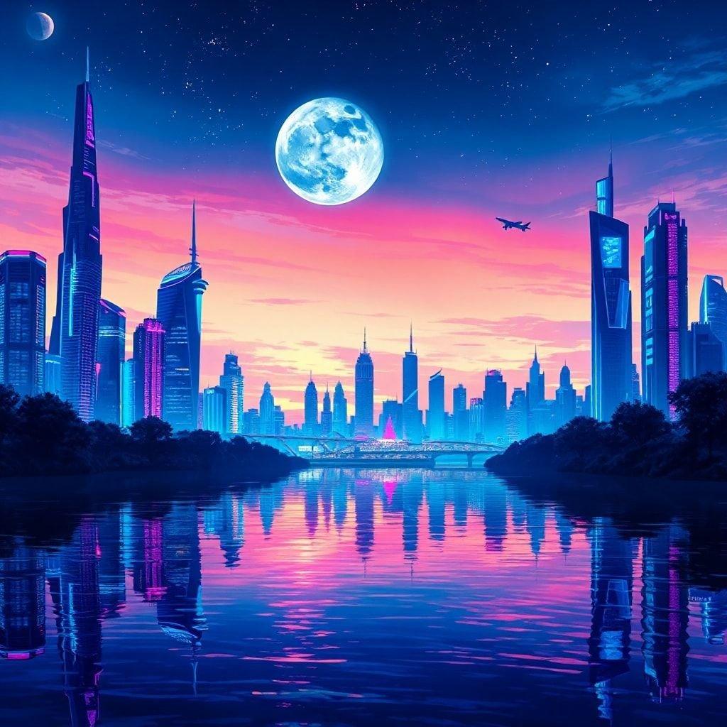 Tauchen Sie ein in die atemberaubende Schönheit einer futuristischen Stadt bei Sonnenuntergang, wo der ruhige See die lebhaften Neonlichter widerspiegelt und die entfernte Skyline dieser fesselnden Szene Tiefe verleiht.