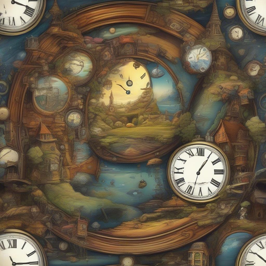 Explore the magical land where time itself bends, featuring fantastical creatures, intricate clock mechanisms, and a serene landscape under an eternal sun.