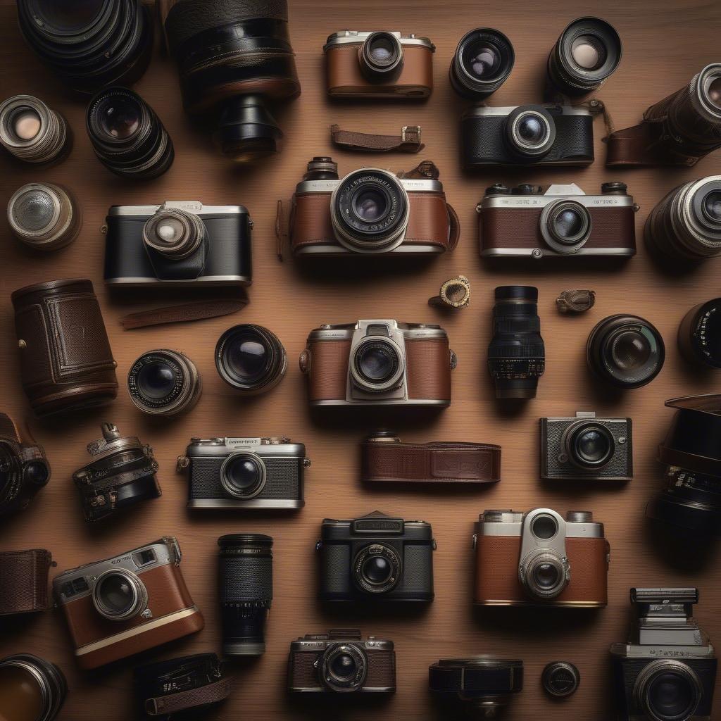 This collection of vintage cameras brings a touch of classic charm to any device. From the sleek designs of Leicas and Nikons, to the nostalgic simplicity of Polaroids, these timeless treasures celebrate the art of photography.