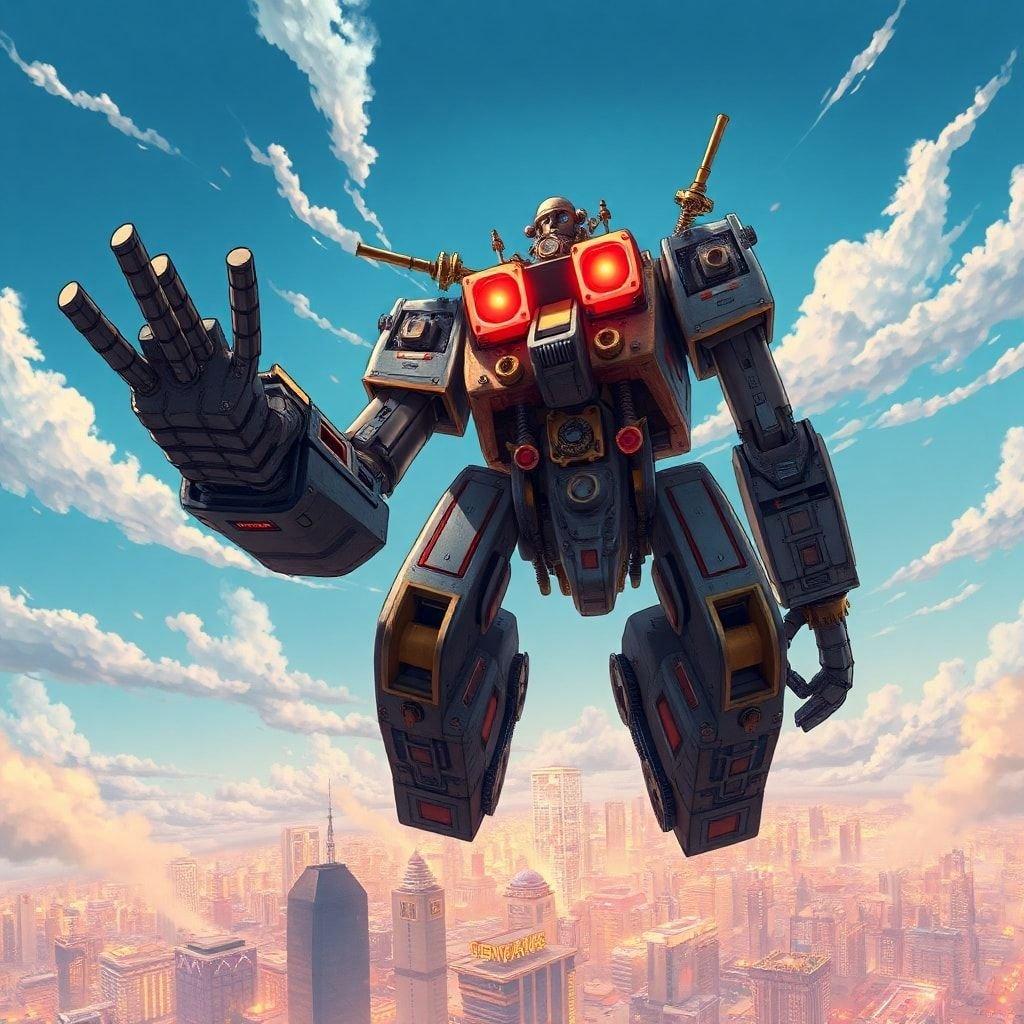 Get ready to level up your desktop or mobile wallpaper game with this epic anime-style mecha robot soaring through the sky. With its intricate mechanical details and glowing red eyes, this robot is sure to impress. Perfect for fans of steampunk and anime, this wallpaper is a must-have for anyone looking to add some excitement to their digital life.