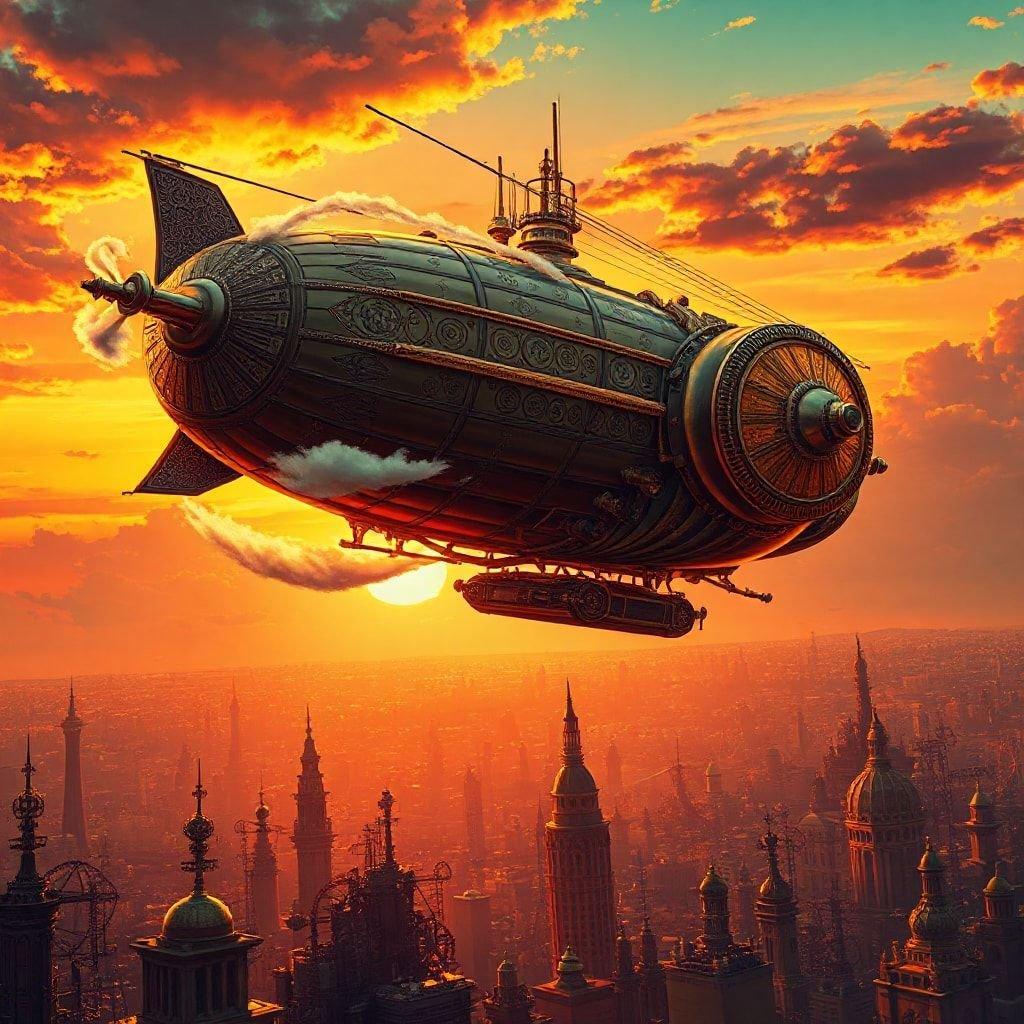 A whimsical steampunk skyship soars over a fantastical cityscape at dusk, with a backdrop of an alien sun.