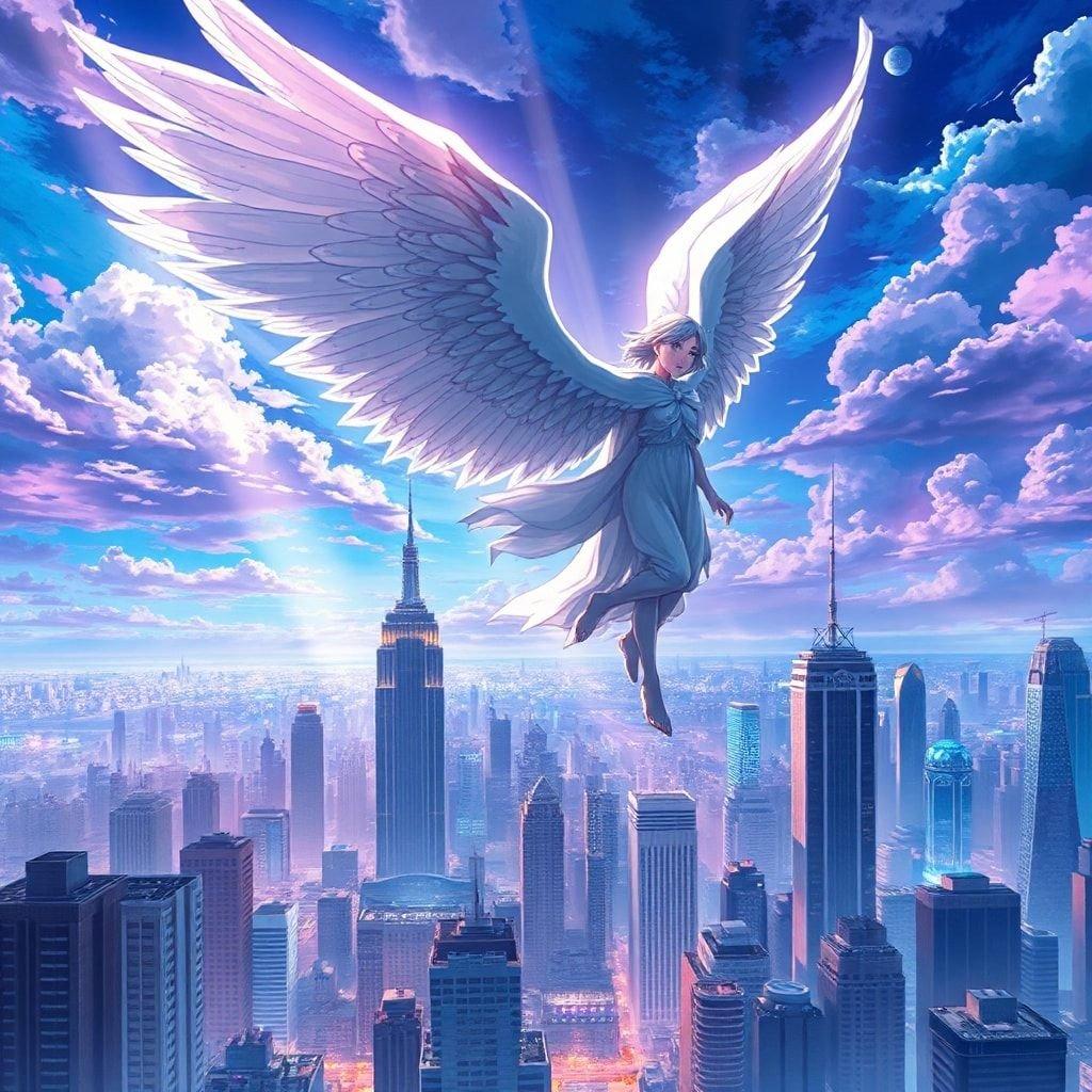 Experimente a beleza serena de um anjo anime em meio a uma paisagem urbana movimentada, com uma imagem animada majestosa que captura a essência da tranquilidade.