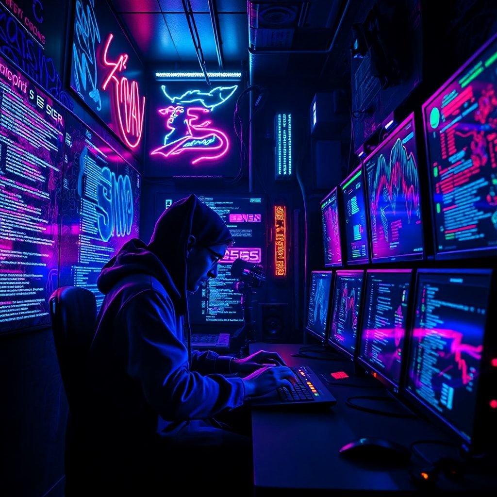 Immerse yourself in the vibrant world of neon and cyberpunk with this stunning desktop wallpaper.