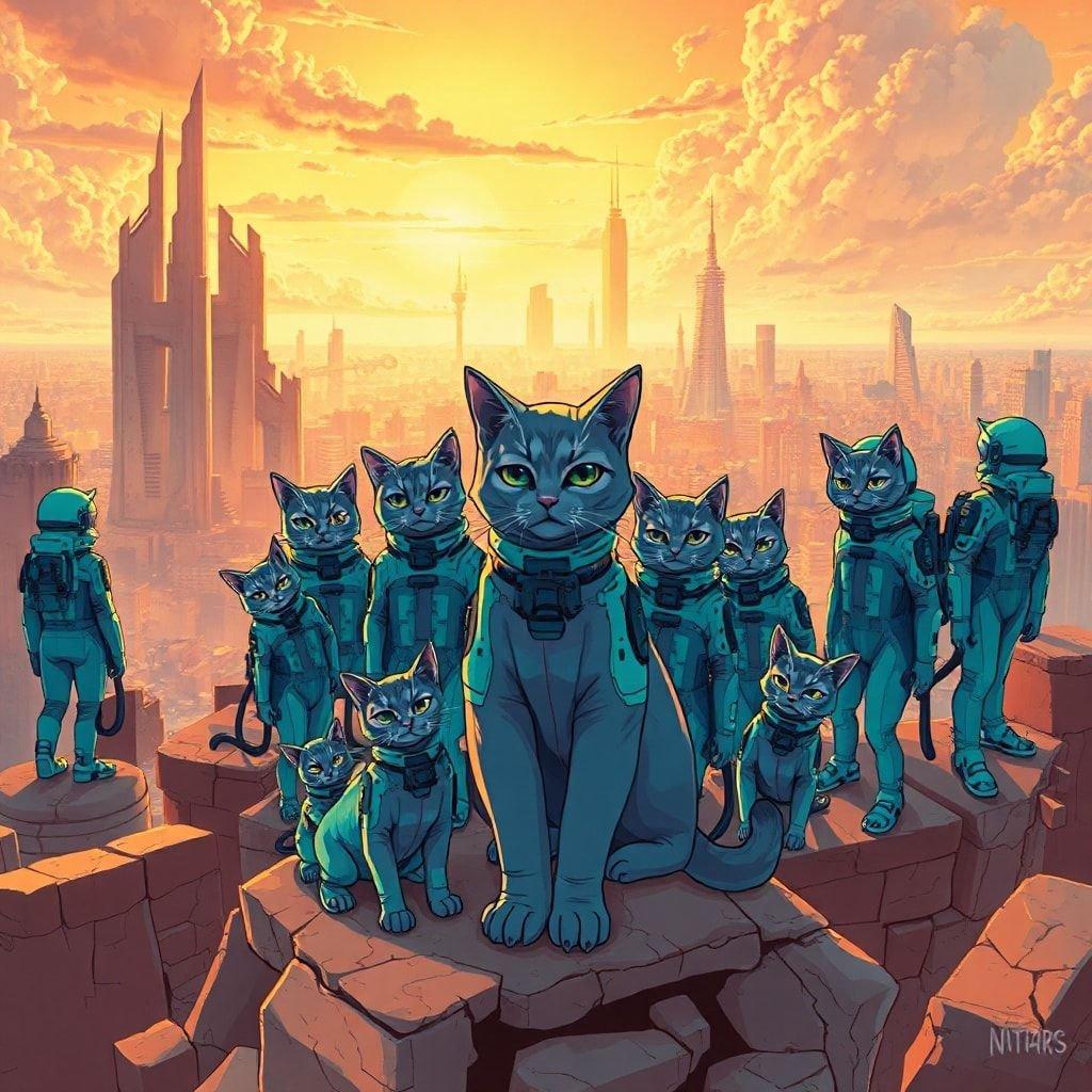 En esta vibrante ilustración de fondo de pantalla, un grupo de gatos está listo para una aventura intergaláctica. Vestidos con trajes espaciales futuristas en tonos de azul y verde, se encuentran sobre antiguas ruinas que insinúan una historia más allá de nuestro mundo. El paisaje urbano detrás de ellos está bañado en cálidos tonos naranjas y amarillos, con edificios altos que se elevan hacia el cielo. Liderados por un gran gato gris, estos exploradores felinos están listos para su próximo gran descubrimiento.