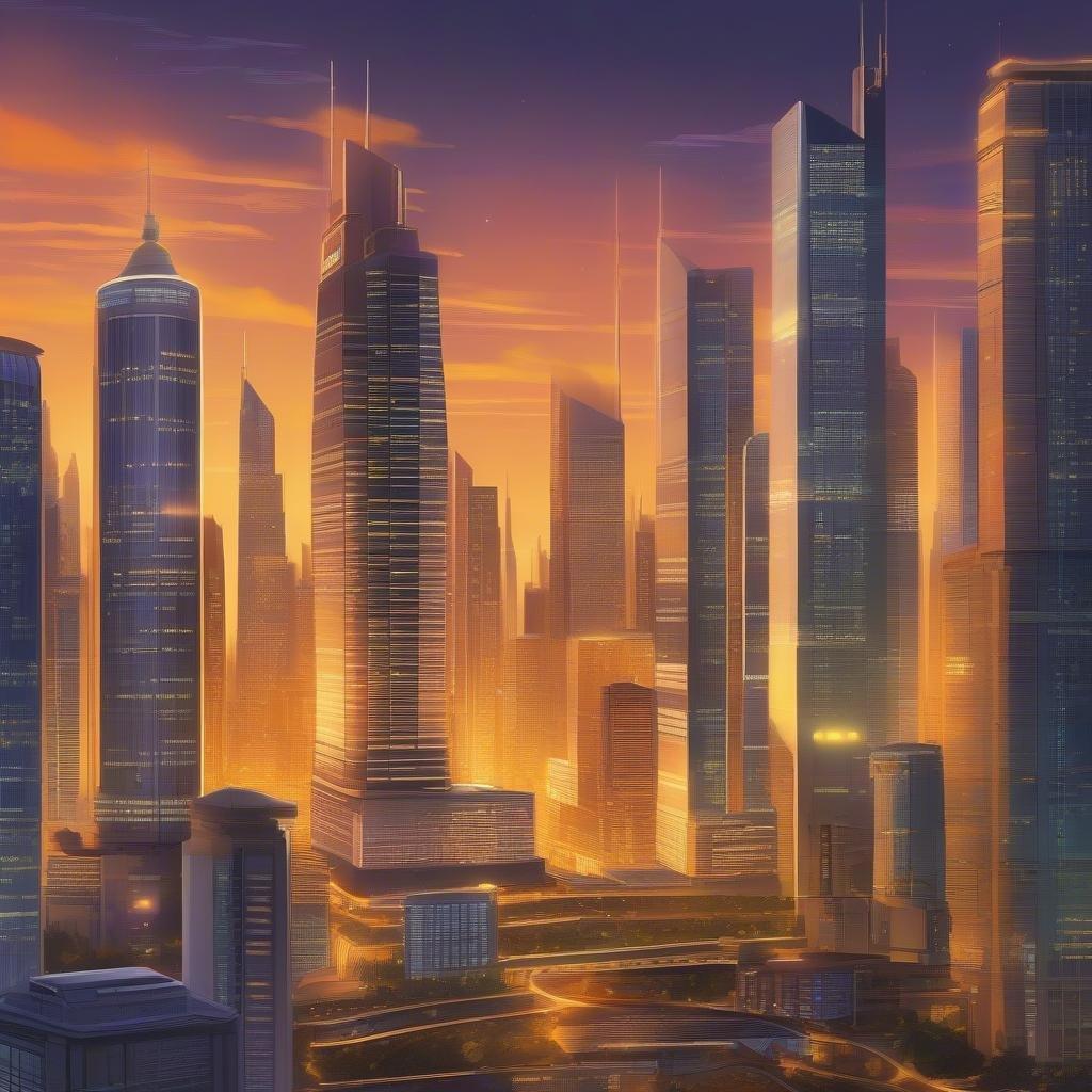 Immerse yourself in the vibrant world of anime with this stunning cityscape wallpaper, featuring futuristic skyscrapers and a lively, animated atmosphere.