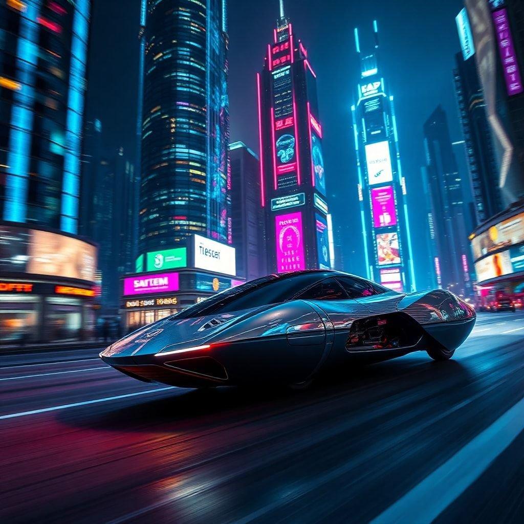 Embrace the future with this sleek, futuristic car. Its neon glow matches the city lights as it zooms down the streets of tomorrow.