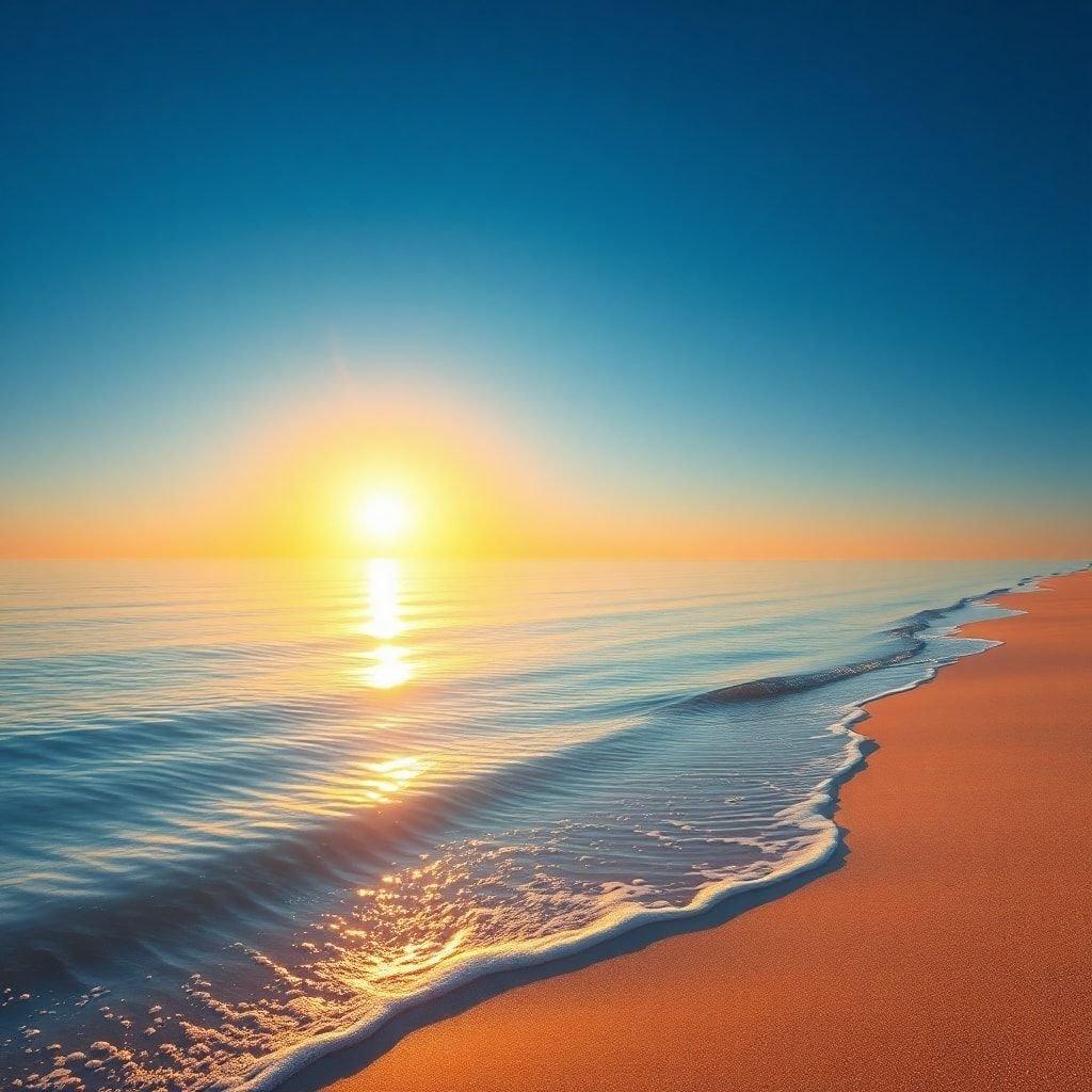 A serene beach scene at sunset, with the ocean gently lapping the shore.