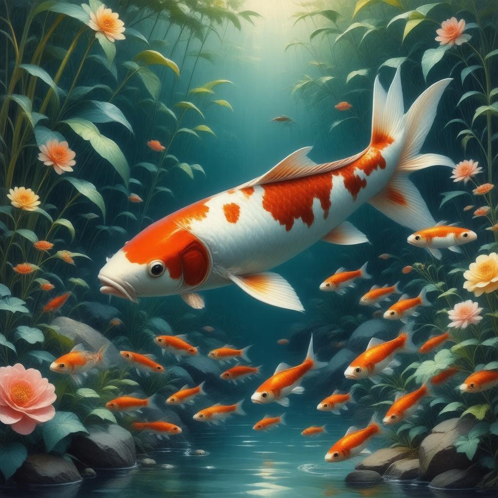 En lugn digital illustration av en gigantisk Koi-fisk som simmar genom en skola av mindre fiskar, omgiven av en livlig trädgård med gröna växter och blommor, vilket skapar ett ögonblick av lugn.