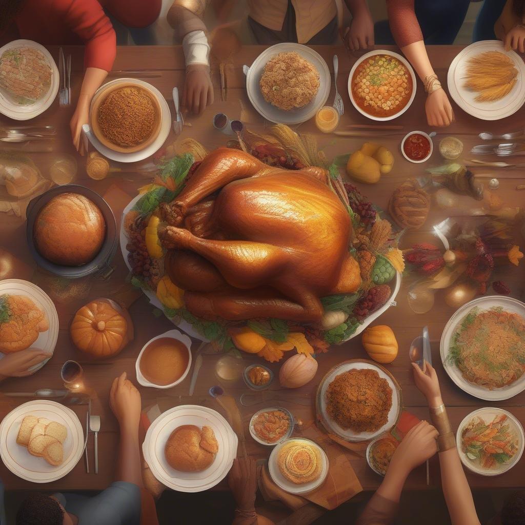 A joyful gathering celebrating the seasonal delight of a traditional roasted turkey, surrounded by an array of delicious dishes and warm fellowship.