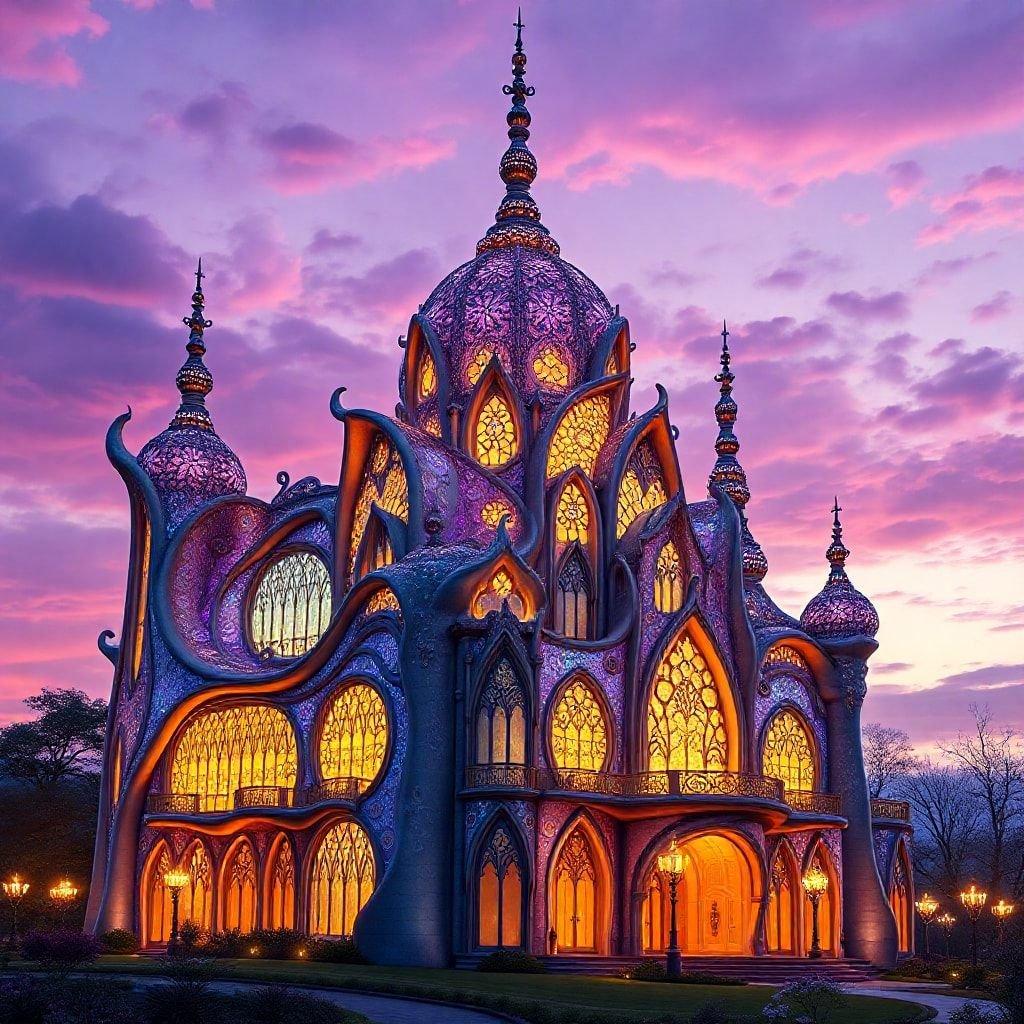 A stunning architectural marvel with ornate towers and domes, bathed in the warm hues of a purple sky. A perfect blend of artistry and spirituality.