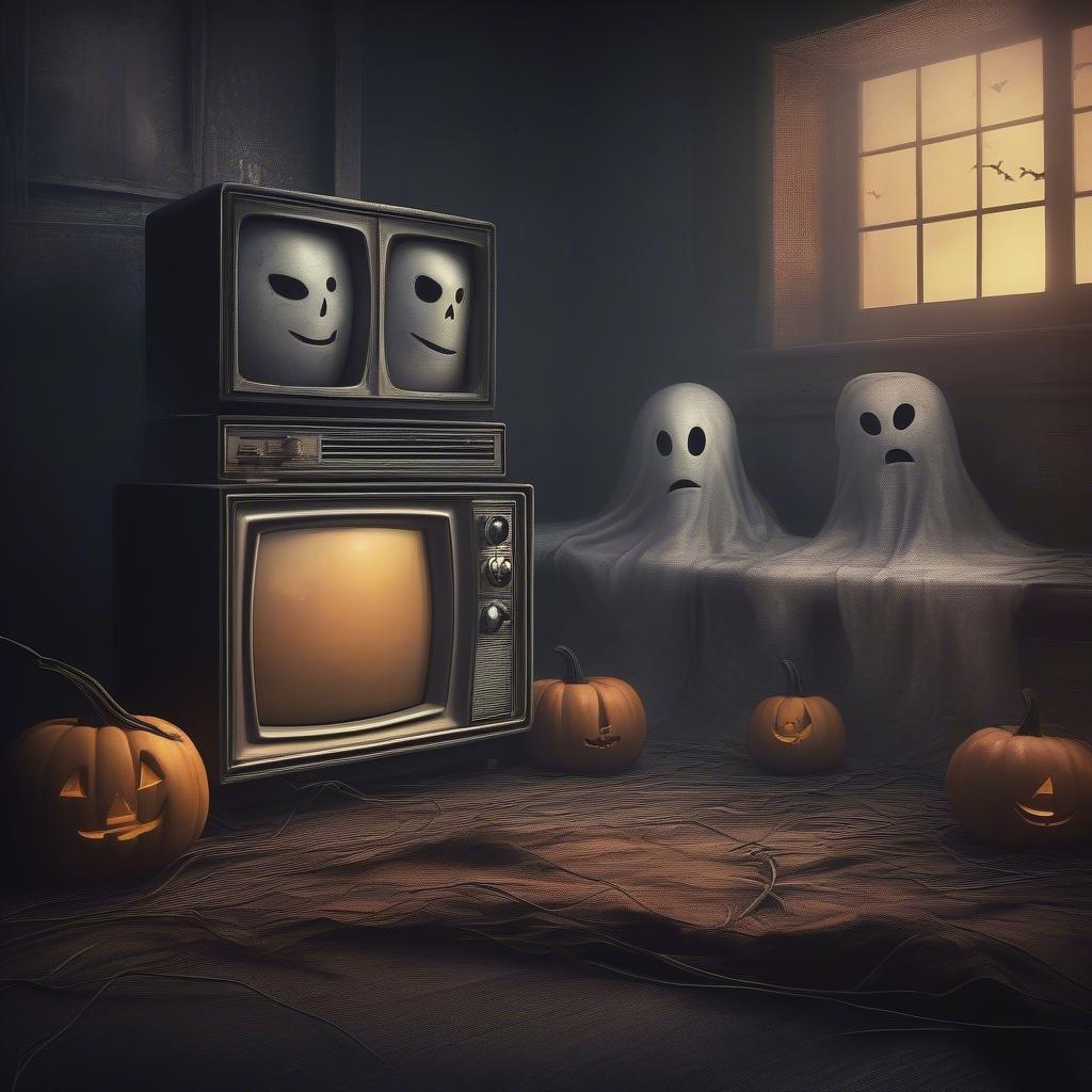 Una scena di Halloween accogliente, con tre amici spettrali che guardano un classico programma TV su un vecchio televisore. Le zucche aggiungono un tocco festivo all'atmosfera spettrale.