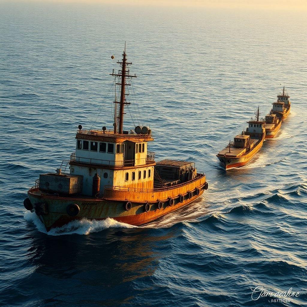 A beautiful view of ships out at sea during the twilight. Feel the calmness and tranquility of a day's end with these ships heading back home.