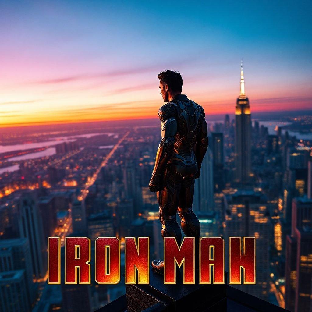 A dramatic city skyline with Iron Man at its peak, symbolizing power and adventure.