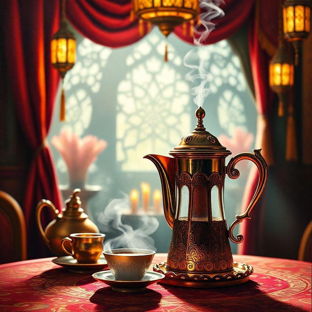 Savor the spirit of Ramadan and Eid with a warm cup of Arabic tea, served in an ornate teapot on a lavish table setting.