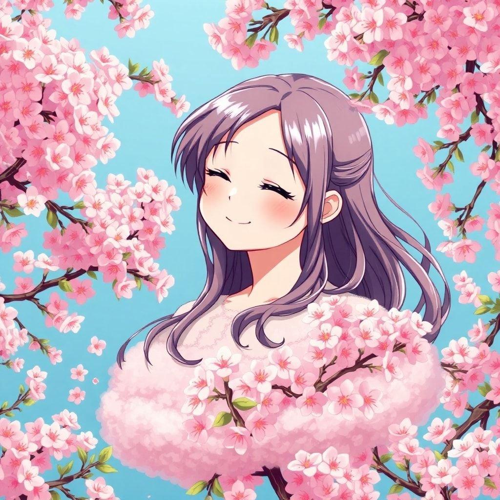 This captivating anime illustration features a young girl floating on a cloud of cherry blossoms, surrounded by a lush forest of pink cherry blossoms. Her face, with closed eyes and a serene expression, is a focal point, while her hair, a cascading waterfall, adds movement. The soft blue background adds depth, highlighting the intricate details of the scene.