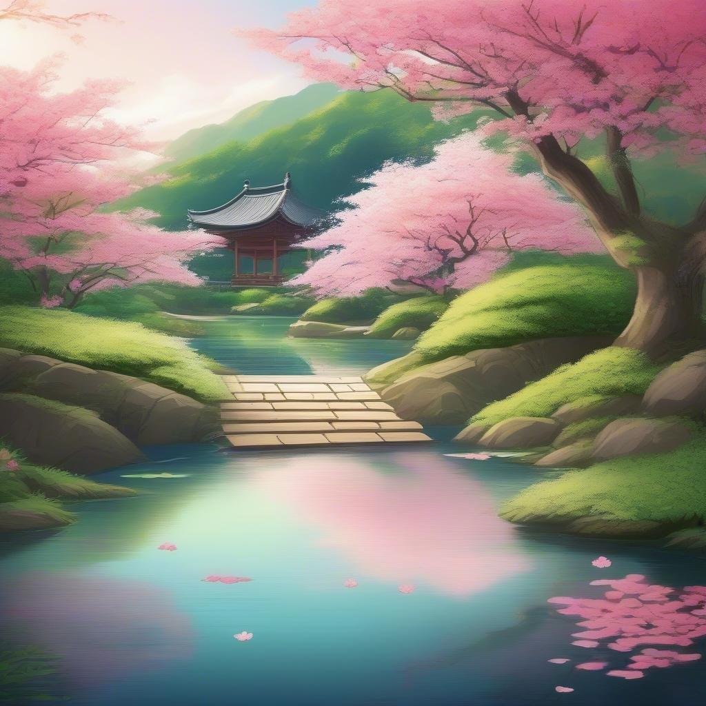 Imprégnez-vous de la tranquillité de cette scène de jardin zen sereine, où une fleur de sakura occupe le devant de la scène. Les pétales roses vibrants et les feuilles vertes de la fleur sont magnifiquement capturés dans cet aperçu momentané, entourés d'une végétation luxuriante et d'une atmosphère paisible.