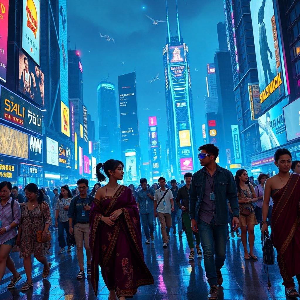 A bustling scene of people enjoying an evening out on Broadway, with the iconic Times Square lit up against the night sky.