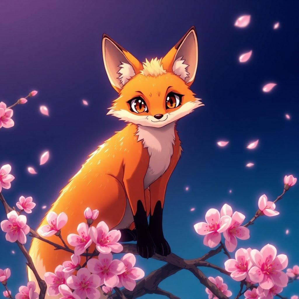 A serene anime illustration of a fox amidst a blossoming cherry blossom tree, exuding an air of enchantment and mystery.