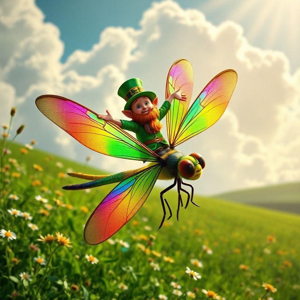 Leprechaun taking flight with a colorful dragonfly, set against a whimsical St. Paddy's Day backdrop.