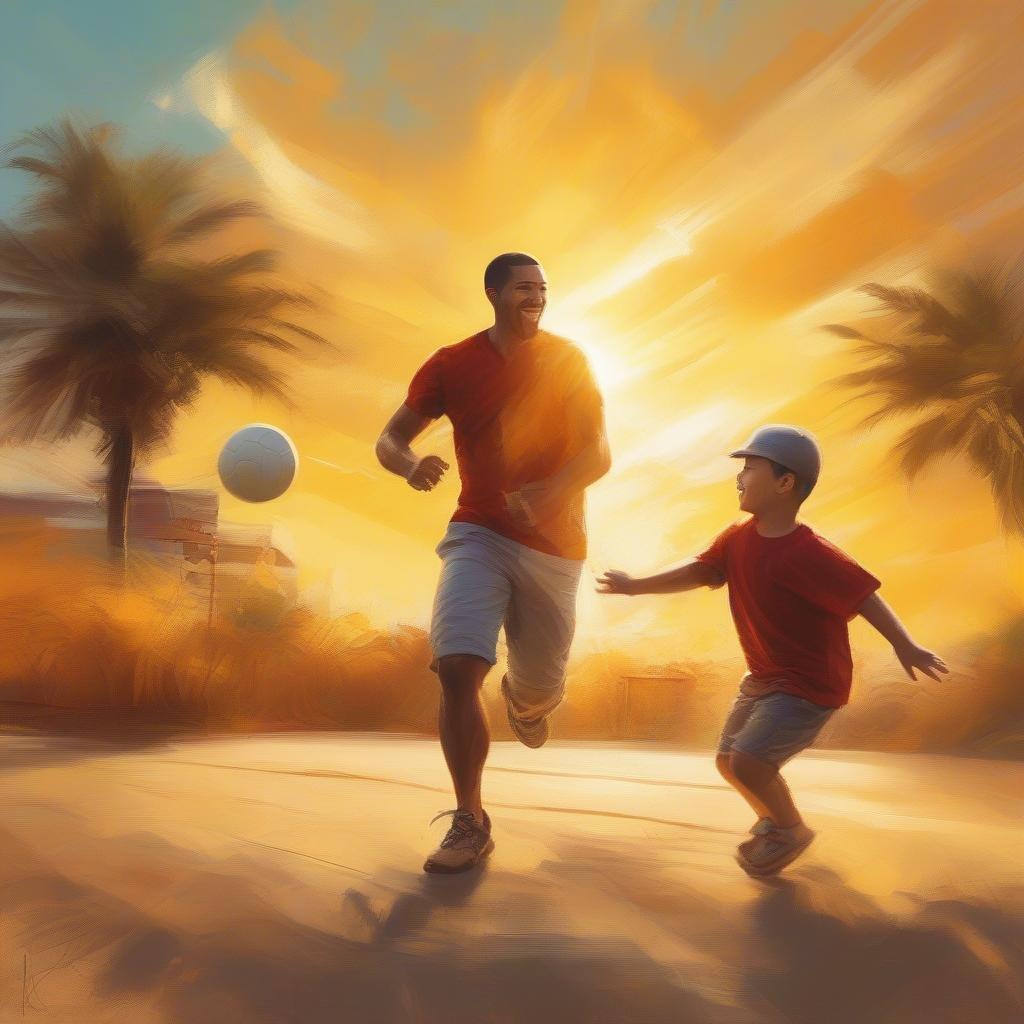 A heartwarming scene of a father and son enjoying a game of soccer together at sunset, capturing the joy and bond of a special moment.