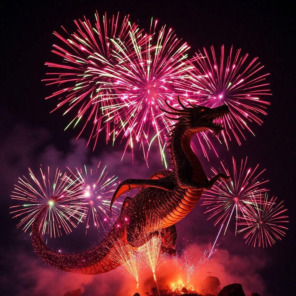 Un dragon fantastique surplombant une ville, orné de feux d'artifice en arrière-plan.