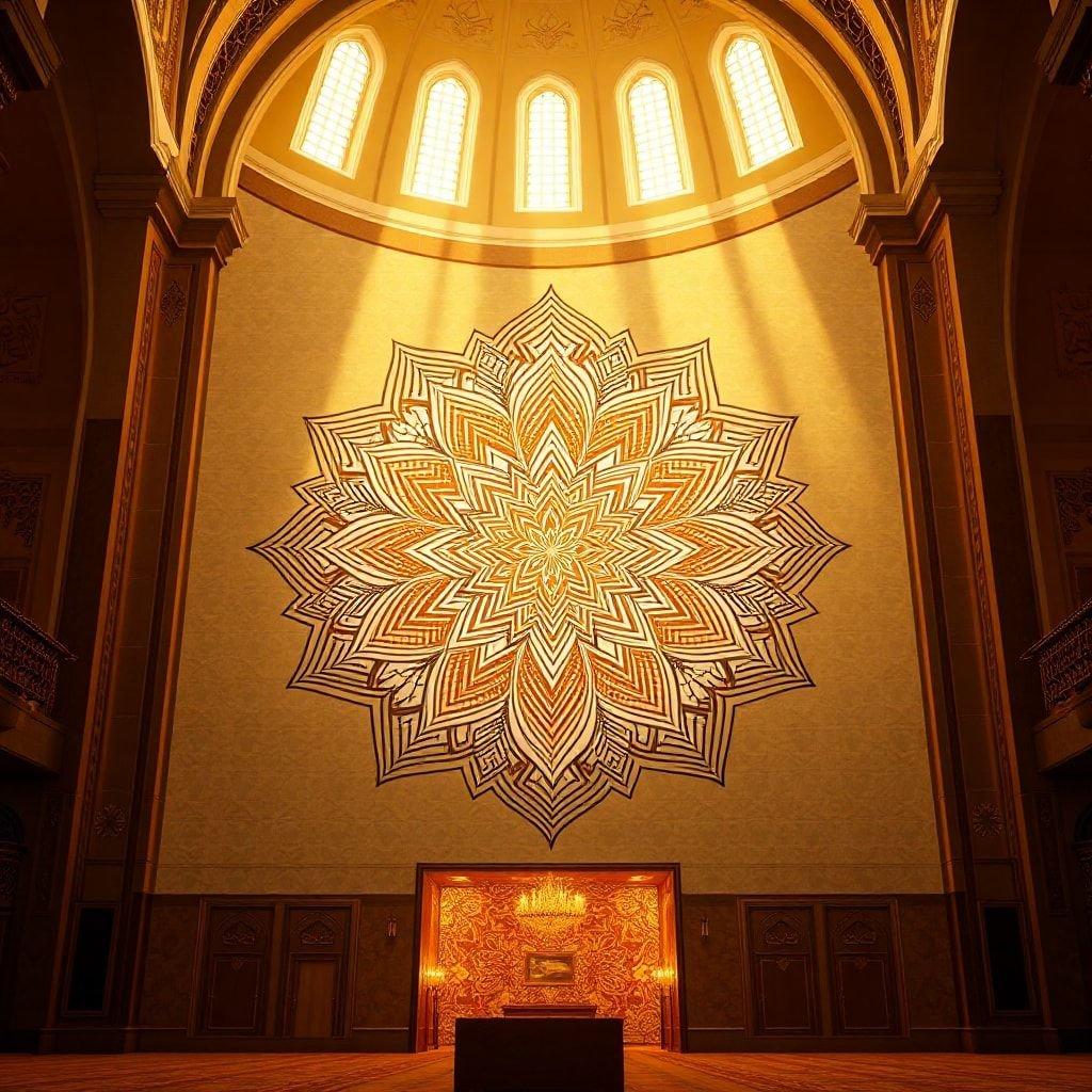 A grand room with ornate designs, likely a prayer hall, during Ramadan or Eid celebrations.