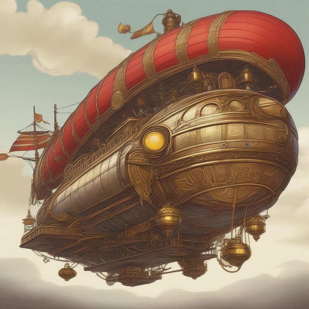 Canlı bir steampunk hava gemisi, anime ilhamlı bir gökyüzünde süzülüyor, büyük kırmızı ve beyaz motoru yeşil arka planla tezat oluşturuyor. Geminin karmaşık detayları bu benzersiz perspektiften net bir şekilde görünmektedir.