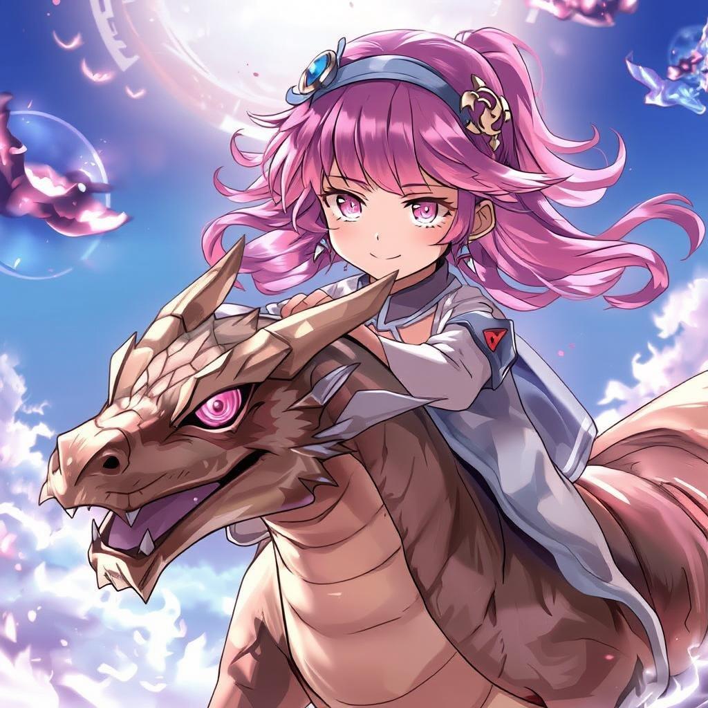 This anime wallpaper features a young girl with vibrant pink hair and a playful smile riding a majestic dragon through the sky. The intricate details of the dragon's body, with its bright pink eyes and expressive eyes, create a whimsical yet captivating scene.