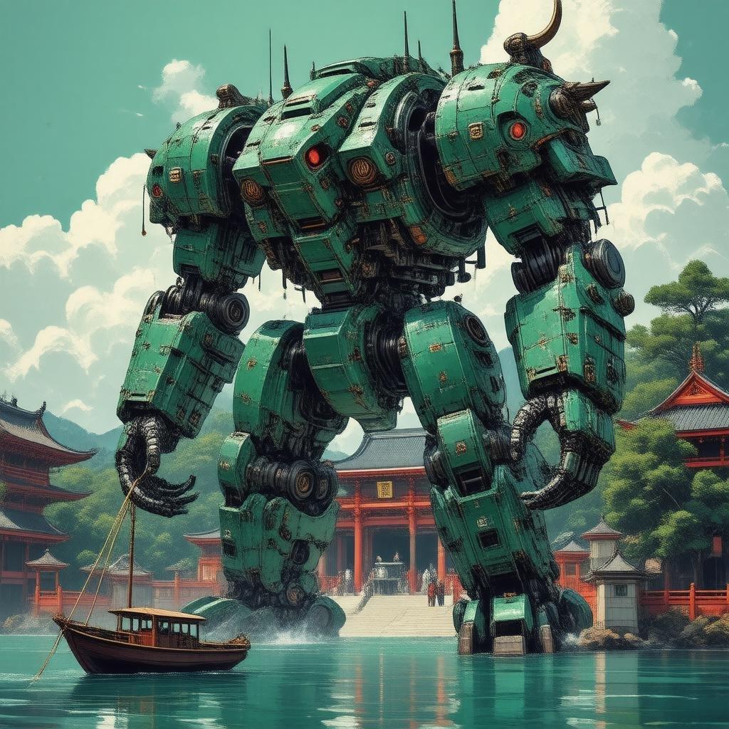 Step into a world of fantasy and adventure with this stunning anime illustration of a giant robot guarding a shrine. The robot's intricate patterns and scales are a testament to the artist's skill and attention to detail, while the serene atmosphere of the shrine and the surrounding landscape evoke a sense of peace and tranquility.