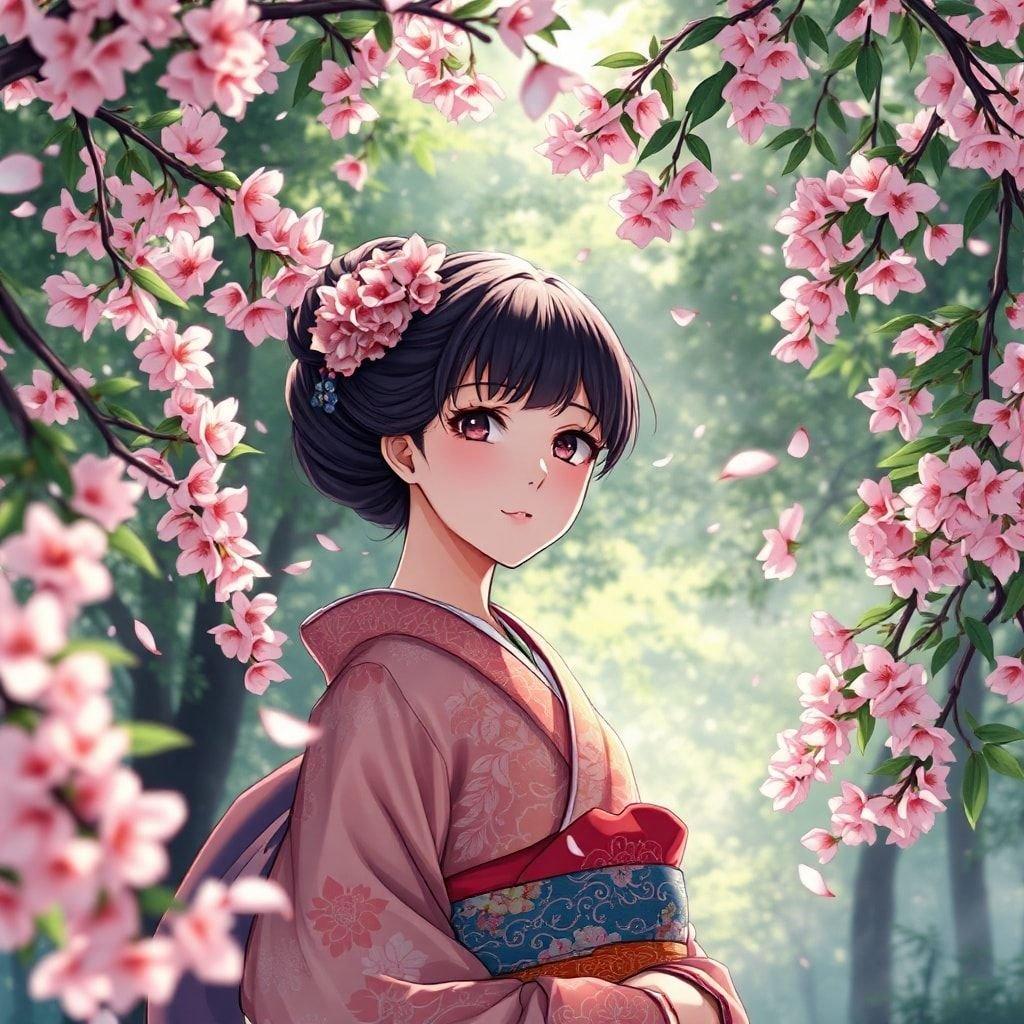 Upplev den lugna skönheten hos en anime-geisha i en fantastisk körsbärsblomsträdgård, fångad i en detaljerad illustration.