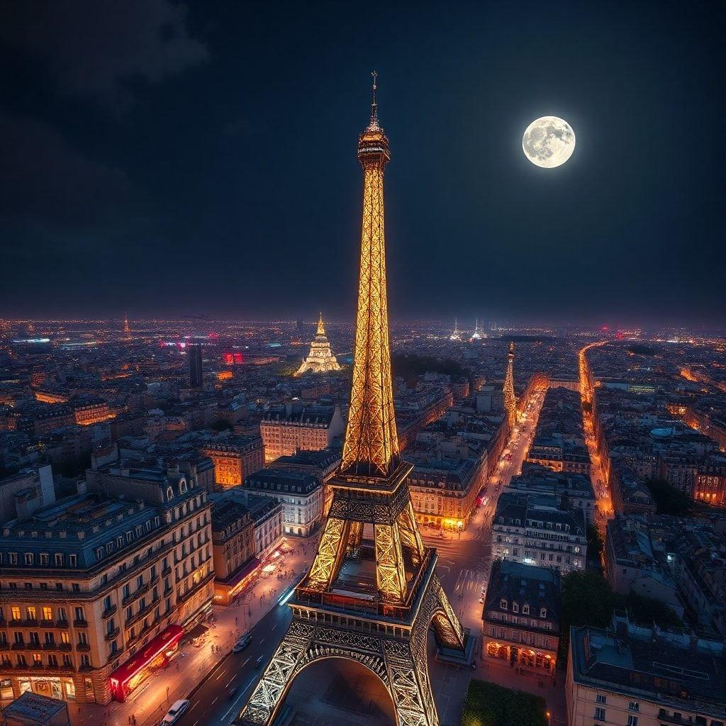 A nighttime view of the vibrant city of Paris, illuminated by myriad lights against a deep blue sky. The iconic Eiffel Tower stands tall and proud in the heart of the scene.