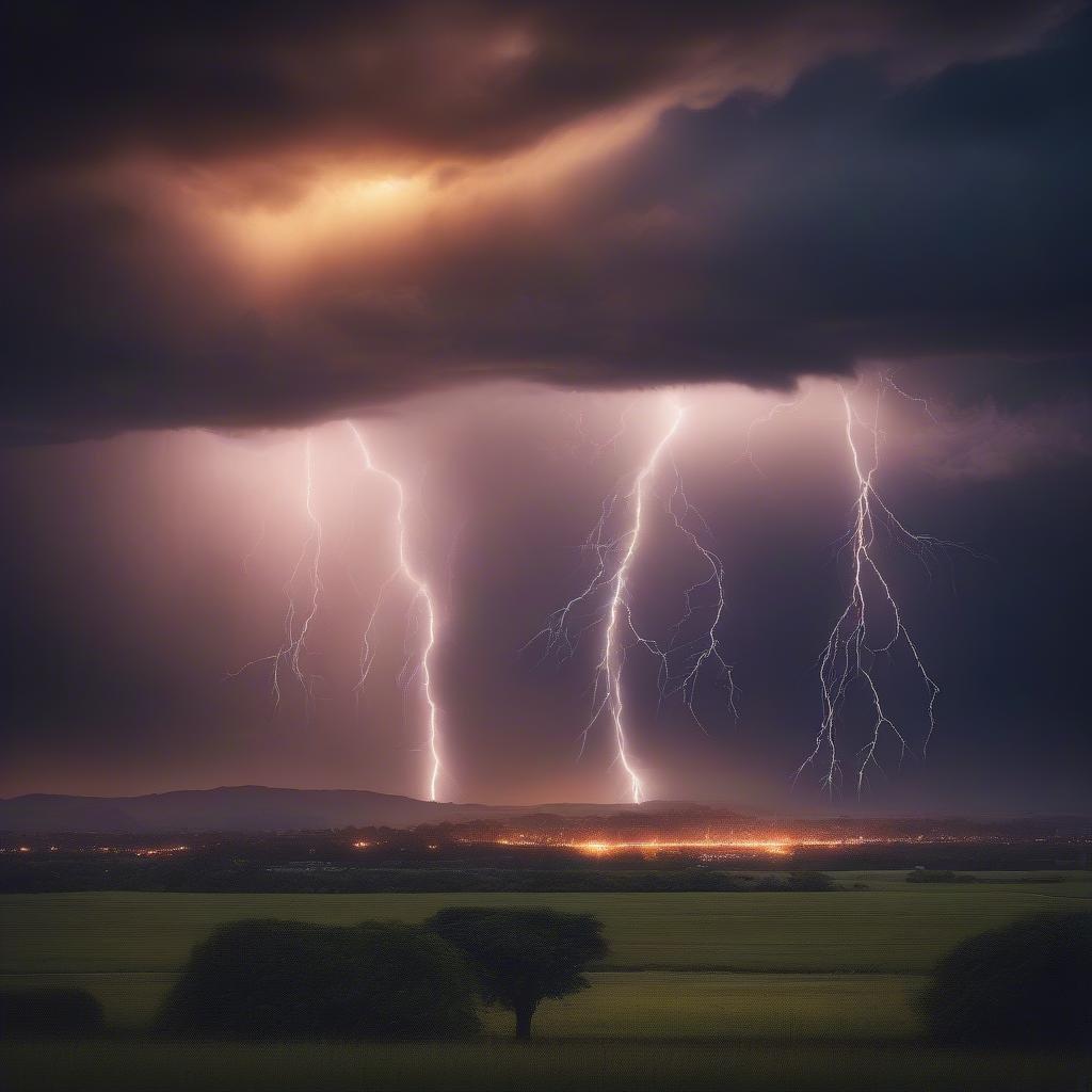 A stunning display of lightning illuminates the sky above a vast field, with a tree standing tall in the foreground.