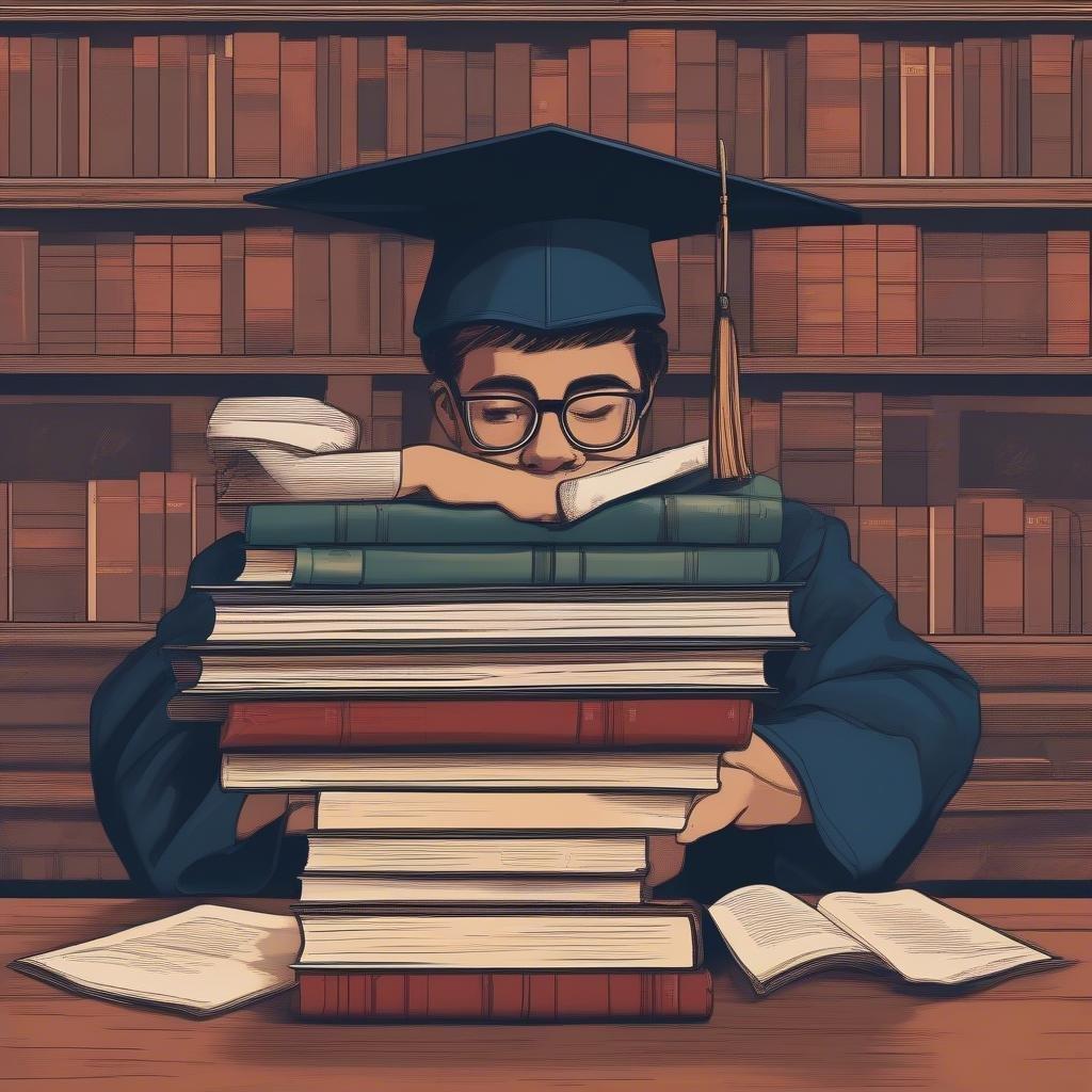 A scholarly individual, donned in graduation attire, sits at a desk buried beneath an impressive stack of books, symbolizing the journey of learning and the achievement of educational milestones.