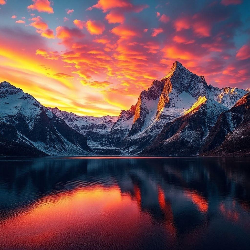 This stunning image captures the breathtaking beauty of a sunset reflecting off the tranquil waters of a mountain lake. The vibrant colors of the sky are mirrored perfectly on the water, creating an enchanting view that can be enjoyed from anywhere in the world.