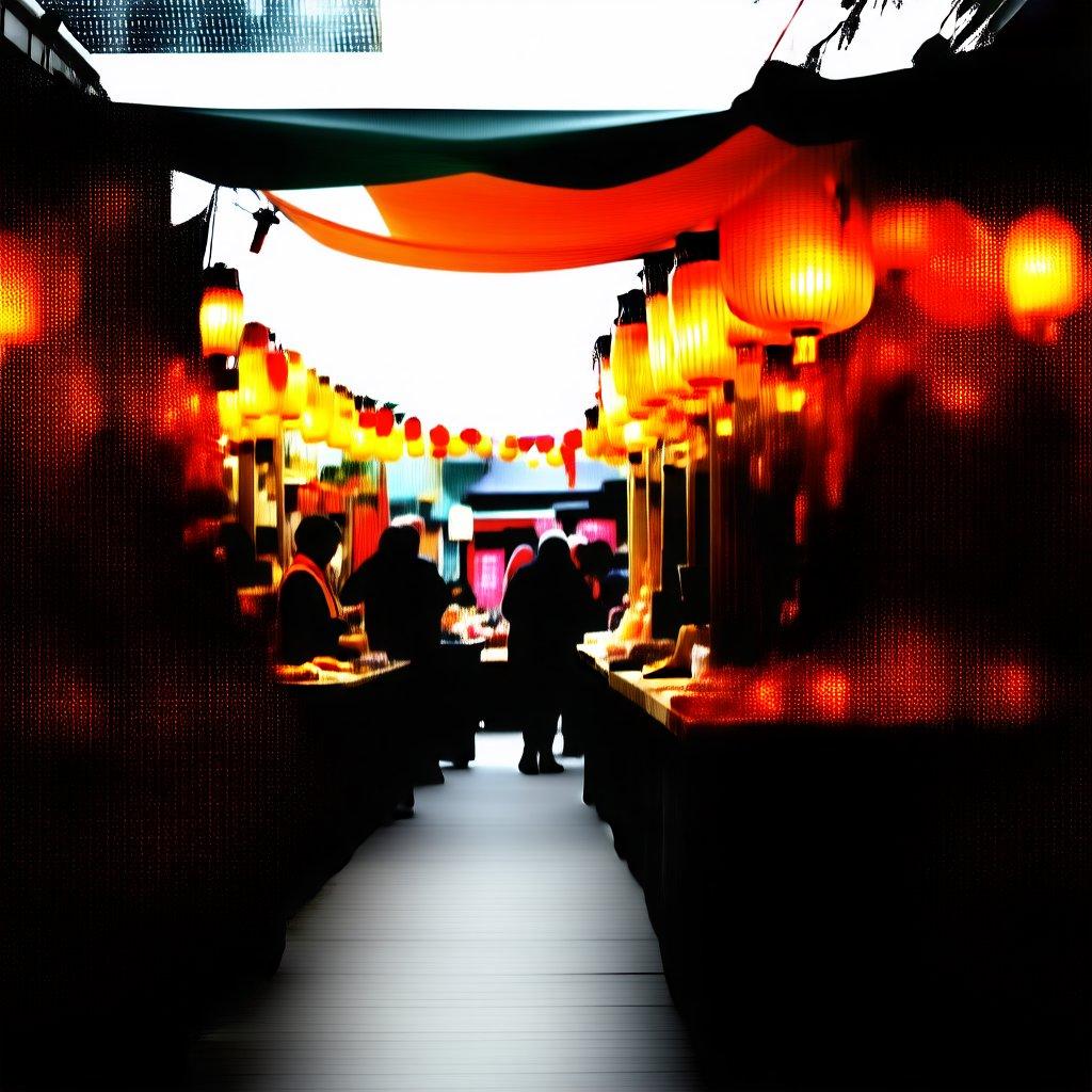 Lively atmosphere at an Eastern festival or market, filled with the warmth of red lantern lights. People enjoying their time, possibly savoring some delicious food.