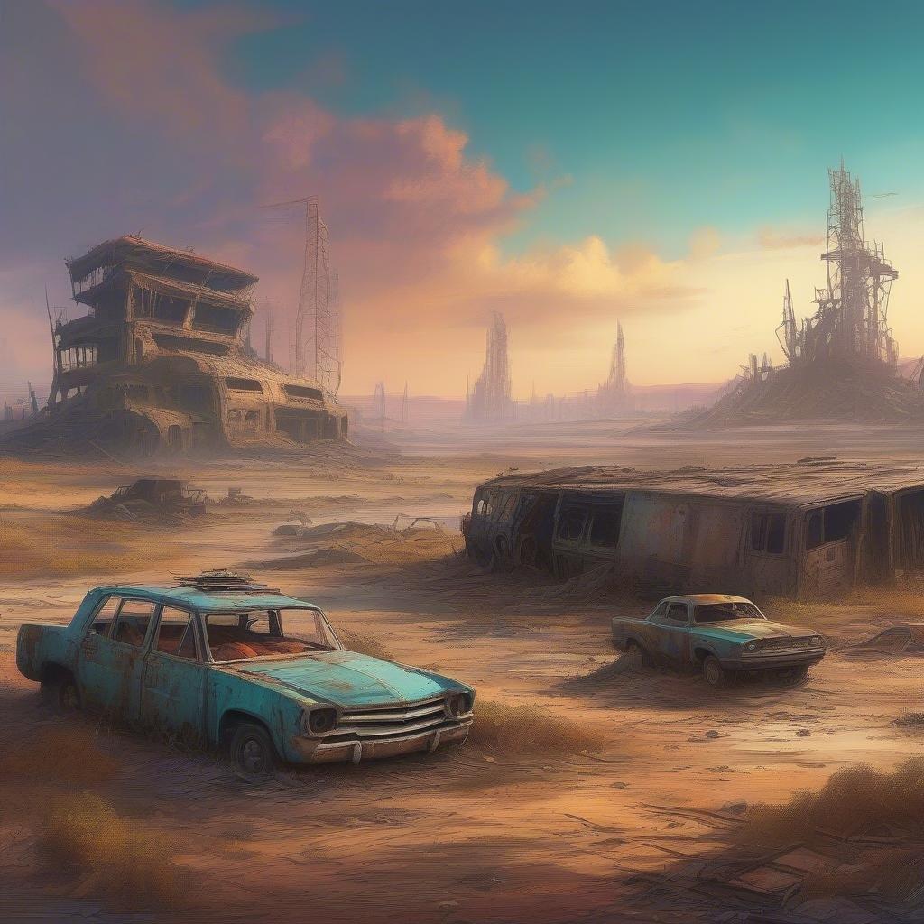 Uma paisagem desolada e arruinada com alguns carros e edifícios, perfeita para um papel de parede de jogos para desktop ou móvel.