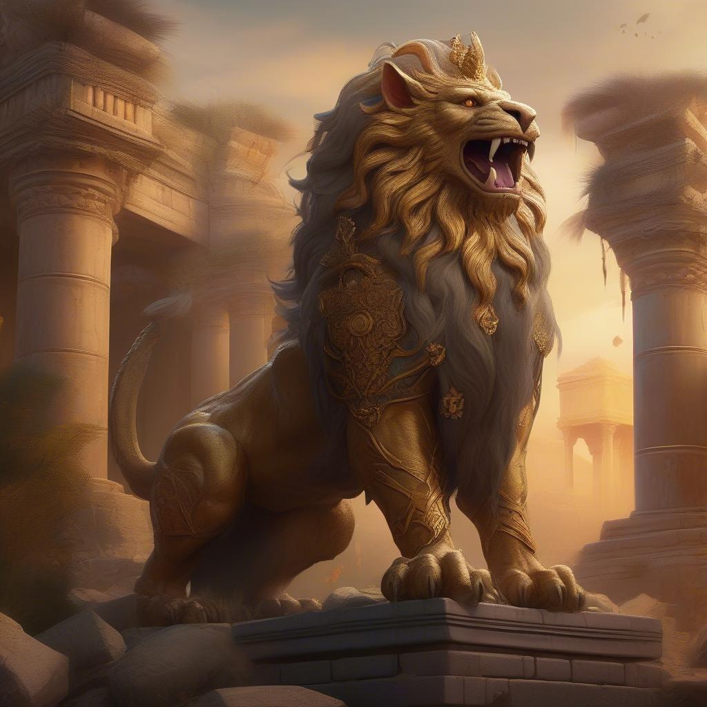 A majestic golden lion statue, standing proudly amidst the ruins of a historic city.