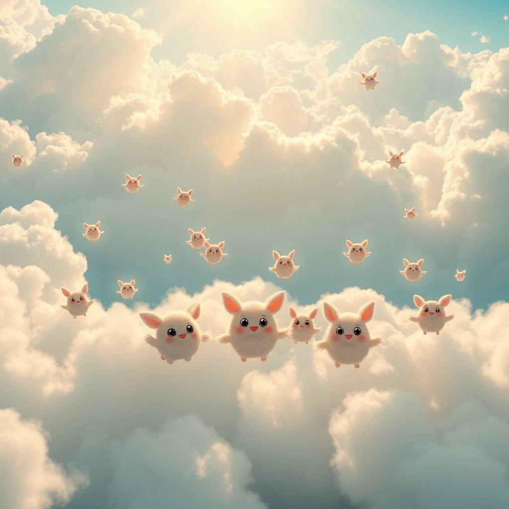 In the fluffiest, most whimsical cloud formation, you can spot these adorable cartoon creatures floating amongst the soft fluffs. They're not just any ordinary animals - they've been transformed into cuddly companions that make this wallpaper a delightful desktop and mobile background.