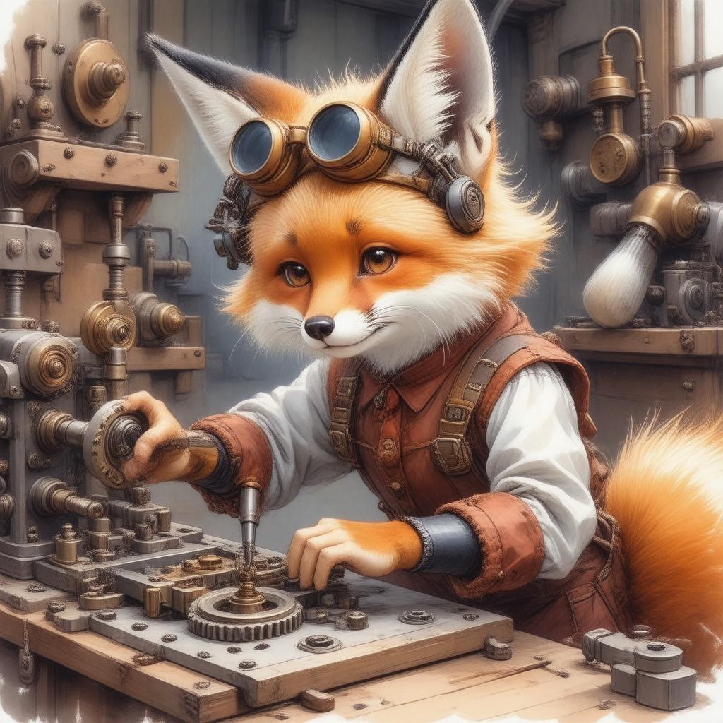 A whimsical tale of a foxgirl navigating the world of machinery and steam. Join her in this detailed digital illustration, where the intricacies of the fox's fur meet the grandeur of steampunk mechanics.