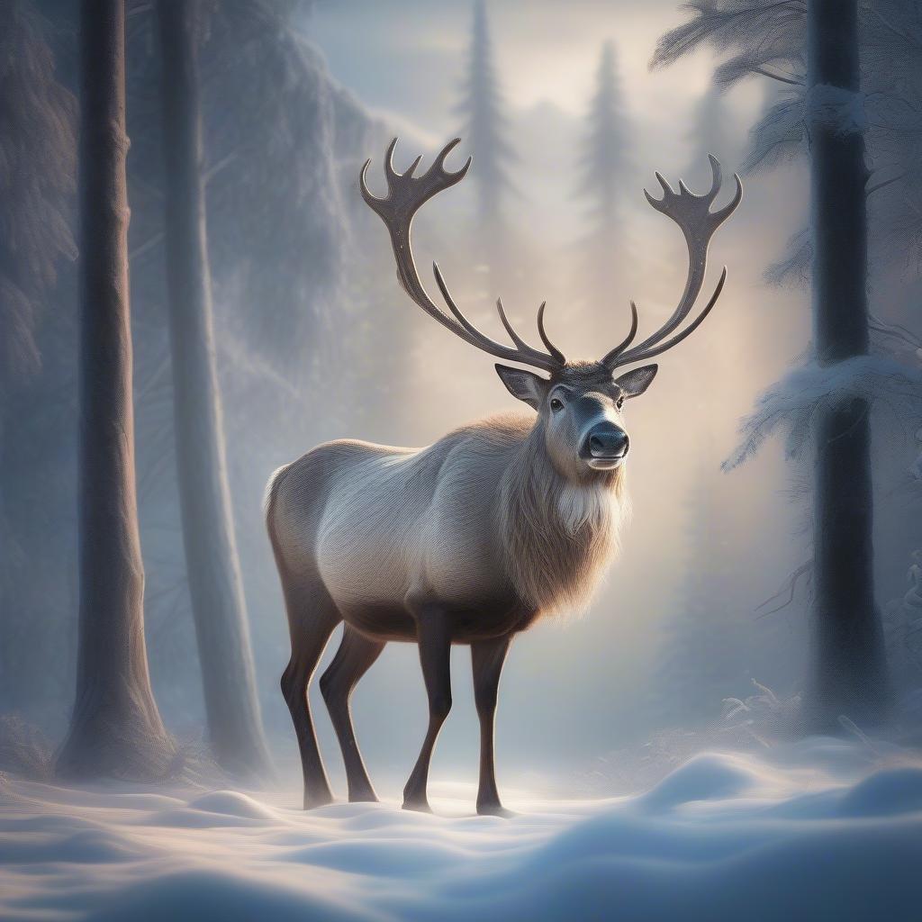 This festive winter scene captures the beauty of a majestic reindeer, adorned with antlers, strolling through a tranquil snow-covered forest. The misty atmosphere and the silhouette of trees create a serene and magical ambiance that is perfect for holiday celebrations or a peaceful desktop wallpaper.