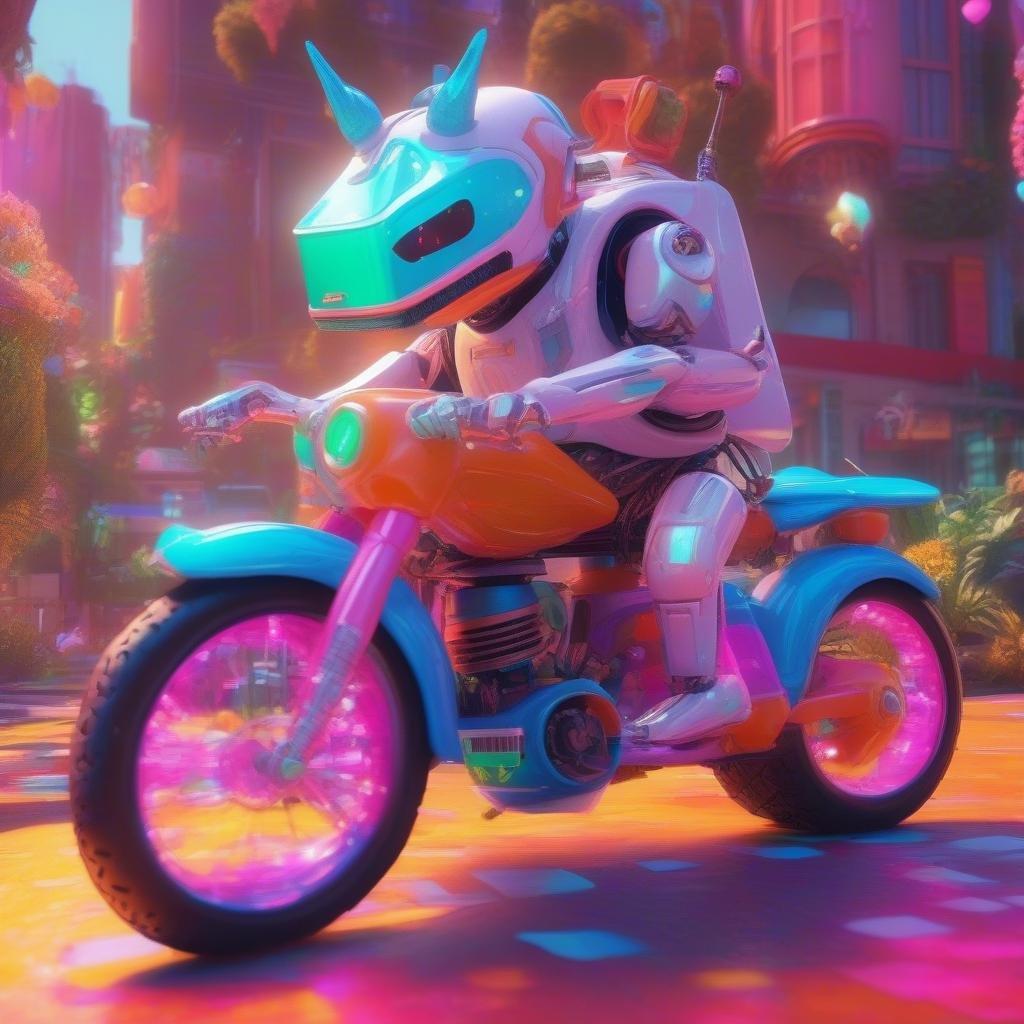 A whimsical scene featuring a robot riding a motorcycle, with a city in the background. The vibrant colors and cartoonish style make it perfect for a fun and playful wallpaper.