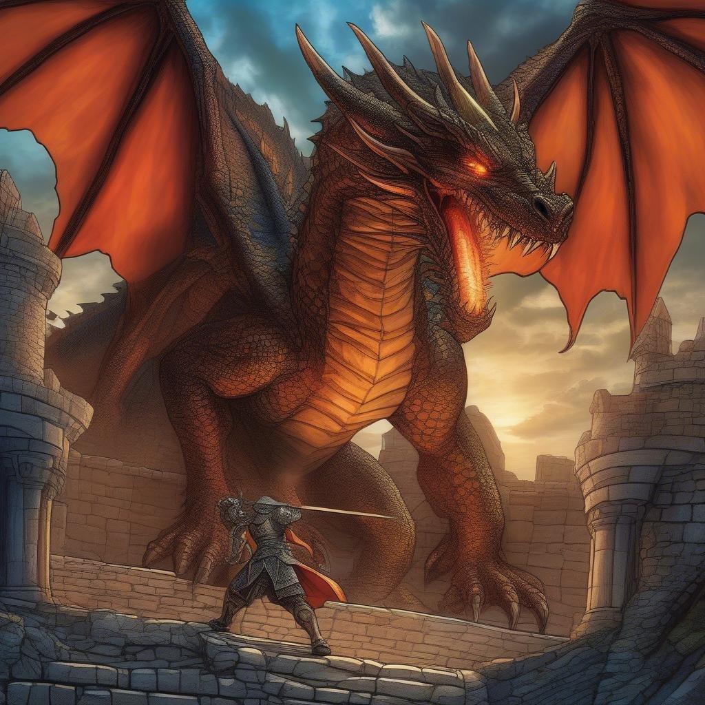 In this thrilling scene from a comic book, a valiant knight stands ready to face the fierce dragon. Their sword gripped firmly in hand, they prepare for battle against the majestic creature with its powerful wings spread wide and flames flickering from its nostrils. The backdrop of a crumbling castle suggests an epic struggle between good and evil.