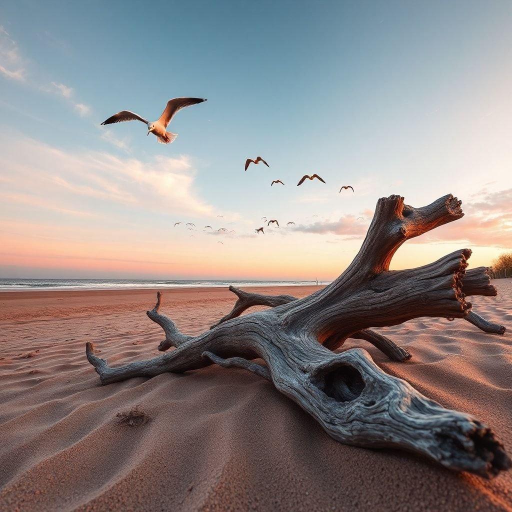 A tranquil beach scene with birds flying over a large driftwood log, captured at sunset.