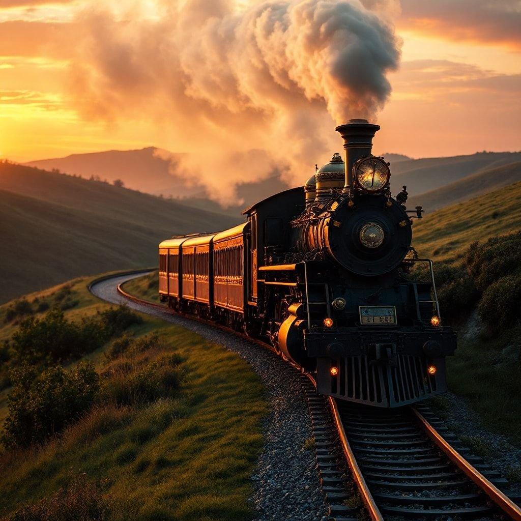 A vintage-style illustration of a steam train traveling through a mountainous landscape, evoking a sense of nostalgia and adventure.