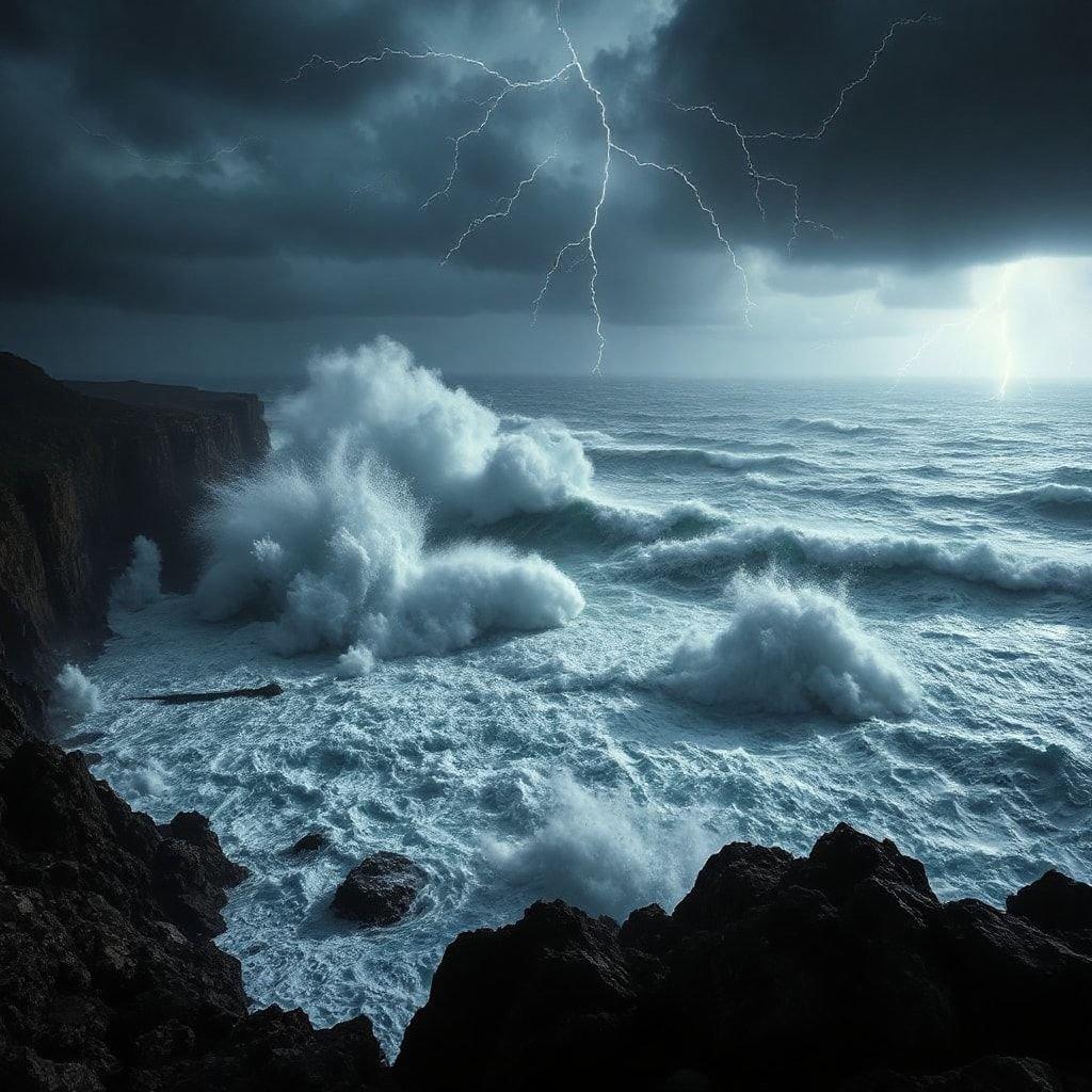 A dramatic ocean scene under a tempestuous sky, capturing the raw power of nature.