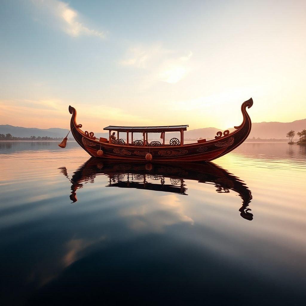 A stunning wallpaper featuring a traditional boat gliding on a peaceful lake, capturing the essence of cultural heritage and natural beauty.