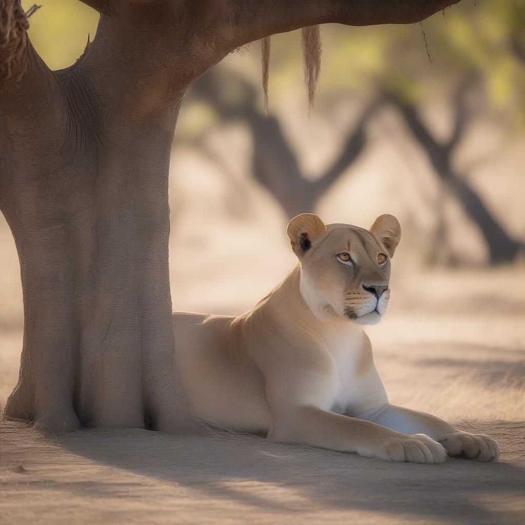 A majestic lion resting under a tree in a desert landscape, with sand dunes visible in the distance.