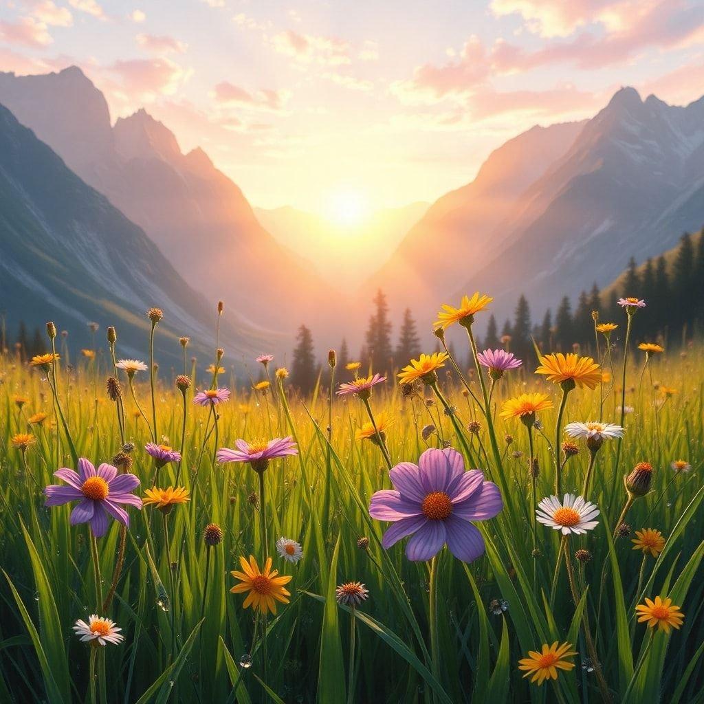 A tranquil scene at dawn in a high-altitude meadow blooming with vibrant wildflowers, with majestic peaks rising in the background under a clear blue sky.